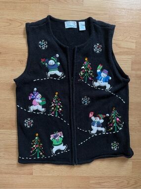 VTG 90s Emma Ugly Christmas Sweater Vest Skiing Snowmen Sequin Beaded Medium M
